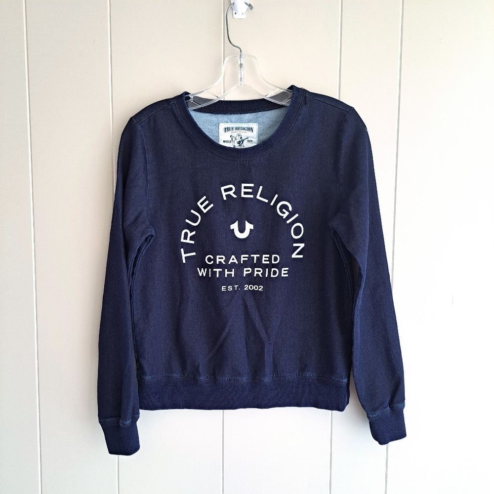 True Religion Sweatshirt Pullover Top Crafted With Pride Logo Blue Stretch XS